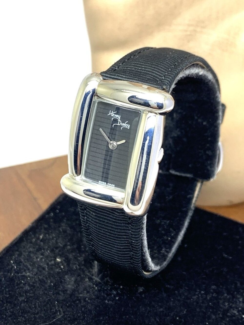 Henry Dunay Sabi Women's Watch Swiss Quartz Tank Black Dial Leather Nylon Strap